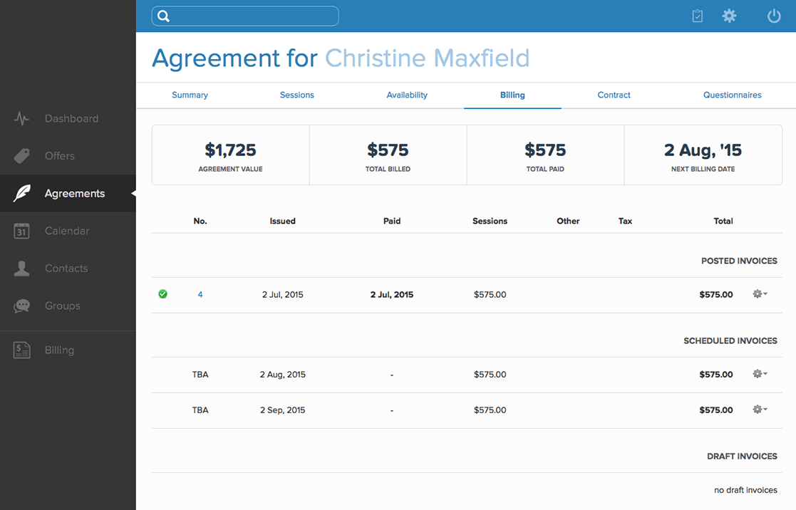 Agreement billing history screenshot